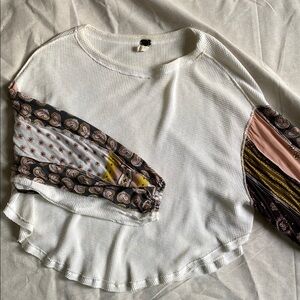 Free People Boho White Long Sleeve Patterned Sleeves Waffle knit Flowy Blouse